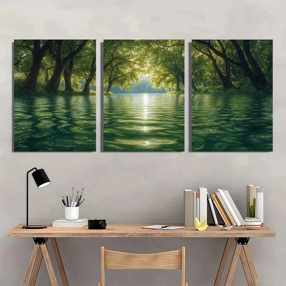 3pcs Serene Green Water Scene with Lush Trees Metal Print Ready to Hang Art - Bella Home Decor