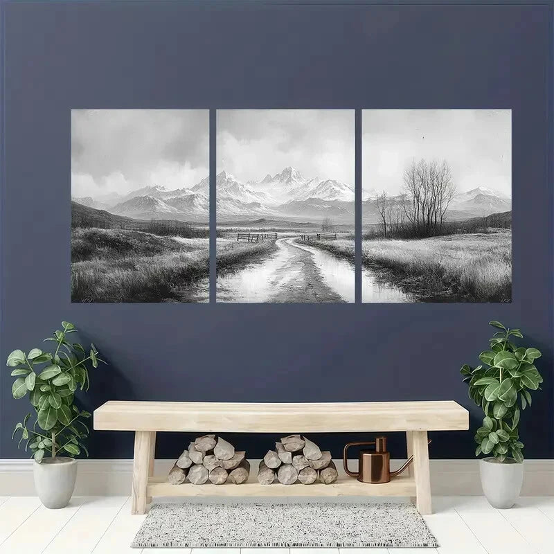 3pcs Vintage Black & White Landscape Art Metal Print Ready to Hang Art - Bella Home Decor