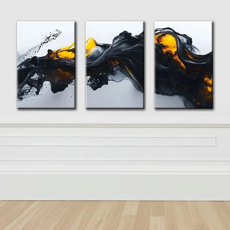 3pcs Black And Yellow Liquid Abstract Wall Art Set Canvas Framed 40x60cm - High Quality Print 100% Australian Made Wall Canvas Ready to Hang - Bella Home Decor