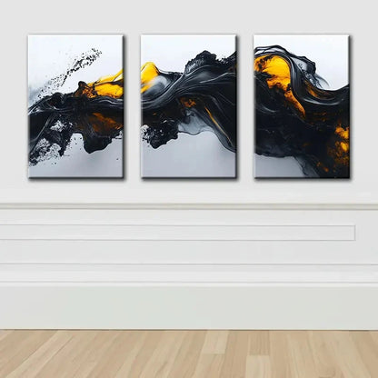 3pcs Black And Yellow Liquid Abstract Wall Art Set Canvas Framed 40x60cm - High Quality Print 100% Australian Made Wall Canvas Ready to Hang - Bella Home Decor