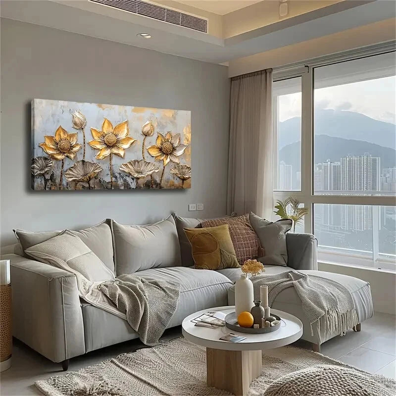 Depicting Many Metallic Lotus Wall Art Canvas Office Home Room Framed 120x60cm - Bella Home Decor