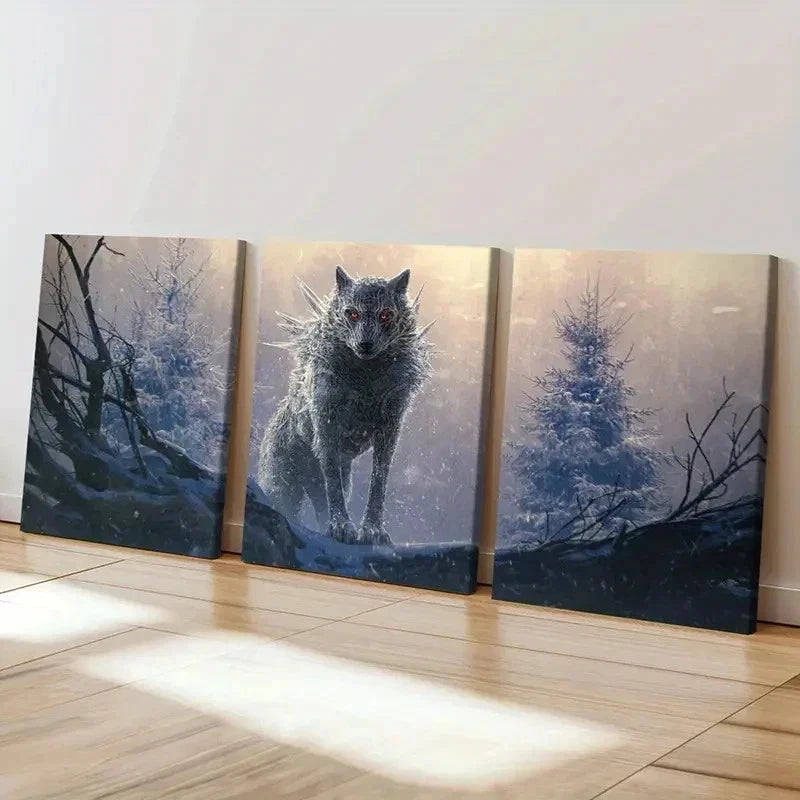 3pcs Snow Wolf King Anime Style Decor Wall Art Set Canvas Framed 60x90cm - High Quality Print 100% Australian Made Wall Canvas Ready to Hang