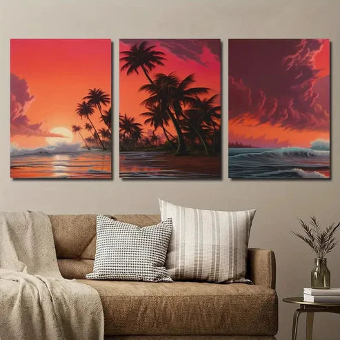 3pcs Tranquil Beach Sunset Tropical Plants Wall Art Set Canvas Unframed - High Quality Print 100% Australian Made Wall Canvas - Bella Home Decor