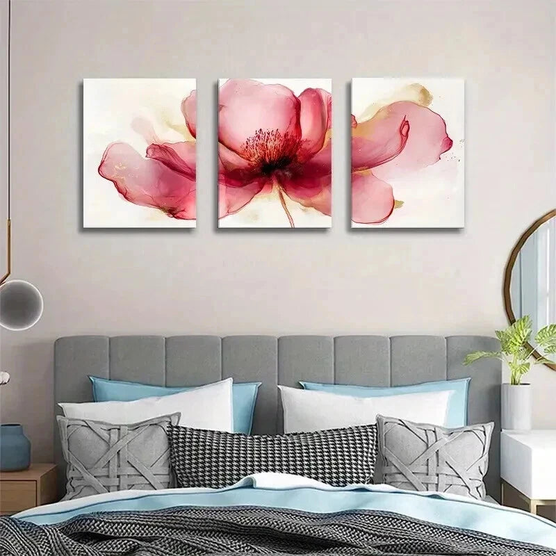 3pcs Modern Red Floral Elegant Golden Accents Wall Art Set Canvas Framed 50x70cm - High Quality Print 100% Australian Made Wall Canvas Ready to Hang