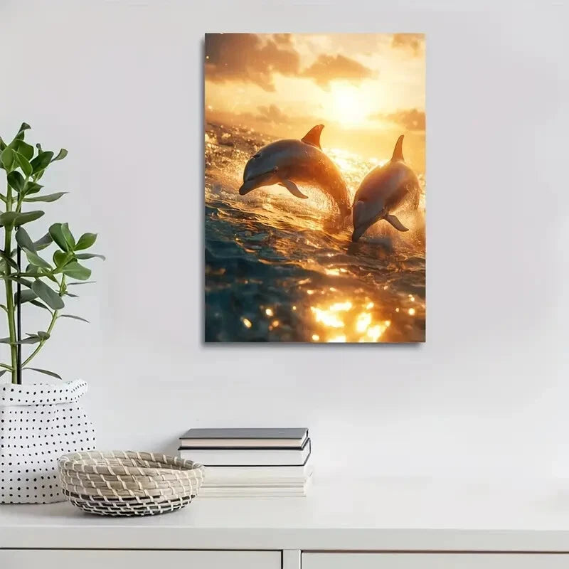 Cyberpunk Dolphins Chasing Each Other At Golden 40x60cm Metal Print Ready to Hang - Bella Home Decor