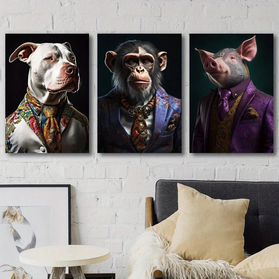 3pcs Bulldog Monkey Pig Animal Wearing Clothes Metal Print Ready to Hang Art - Bella Home Decor