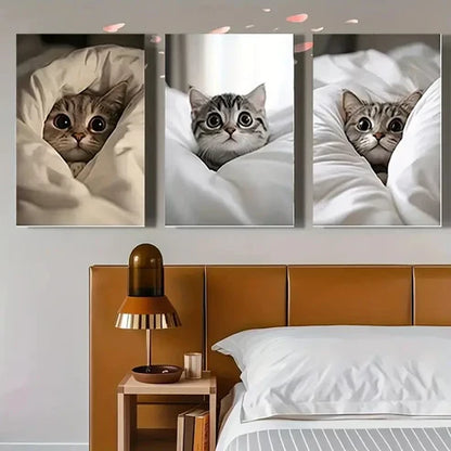 3pcs Peeking Cats in Cozy Blankets CC  Wall Art Set Canvas Unframed - High Quality Print 100% Australian Made Wall Canvas