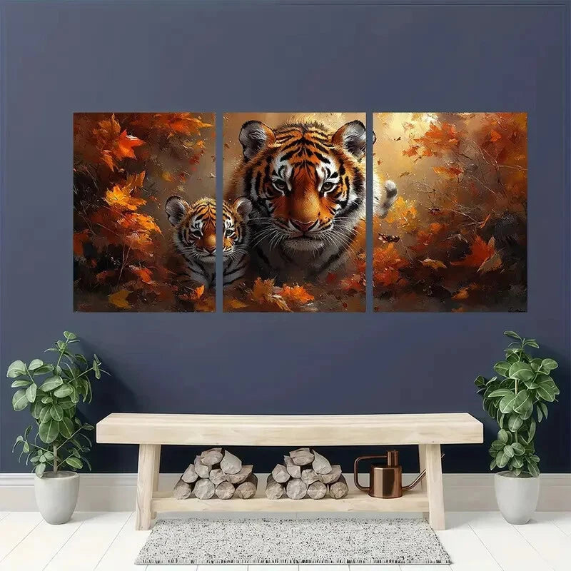 3pcs Tiger and Cub Vibrant Autumn Forest Scene Metal Print Ready to Hang Art - Bella Home Decor