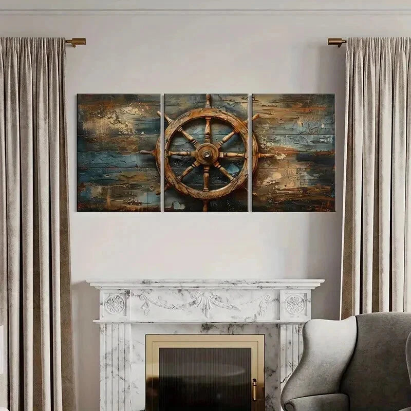 3pcs Nautical Ship Wheel Artwork Vintage Wall Art Set Canvas Framed 60x90cm - High Quality Print 100% Australian Made Wall Canvas Ready to Hang - Bella Home Decor