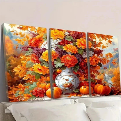 3pcs Autumn Bouquet with Pumpkins Wall Art Set Canvas Framed 40x60cm - High Quality Print 100% Australian Made Wall Canvas Ready to Hang - Bella Home Decor