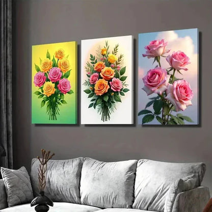 3pcs Vibrant Floral Bouquet Elegant Rose & Lily Wall Art Set Canvas Unframed - High Quality Print 100% Australian Made Wall Canvas