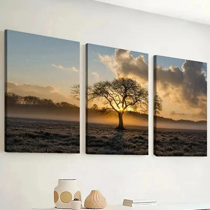 3pcs Tree Of Life On Prairie Sunset Landscape Wall Art Set Canvas Framed 50x70cm - High Quality Print 100% Australian Made Wall Canvas Ready to Hang
