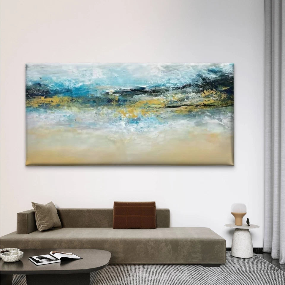 Abstract Blue Golden Beige Wall Art Canvas Office Home Room Framed 120x60cm - Bella Home Decor