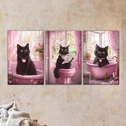 3pcs a black cat sitting in a pink bathtub Wall Art Set Canvas Framed 40x60cm - High Quality Print 100% Australian Made Wall Canvas Ready to Hang