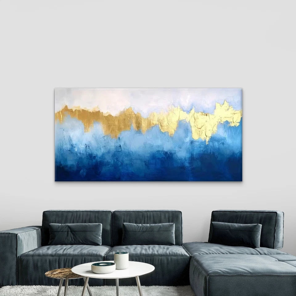 Blue Waves Golden Accents Wall Art Canvas Office Home Room Framed 120x60cm