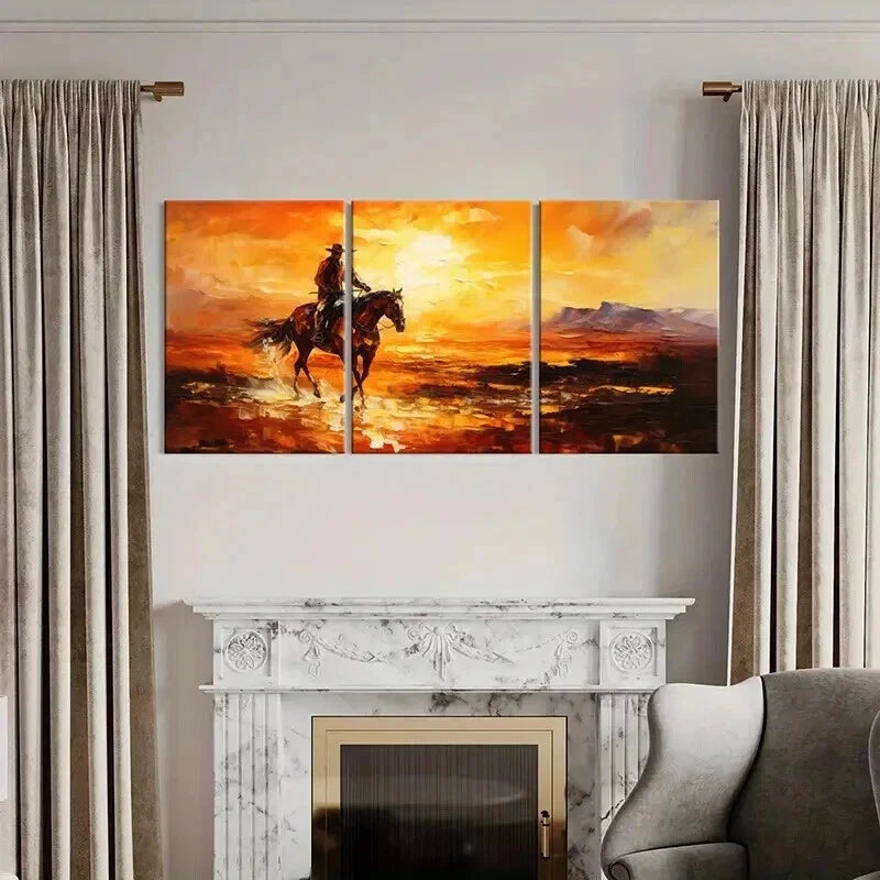 3pcs Cowboy on Horse in Sunset Landscape Wall Art Set Canvas Framed 60x90cm - High Quality Print 100% Australian Made Wall Canvas Ready to Hang - Bella Home Decor