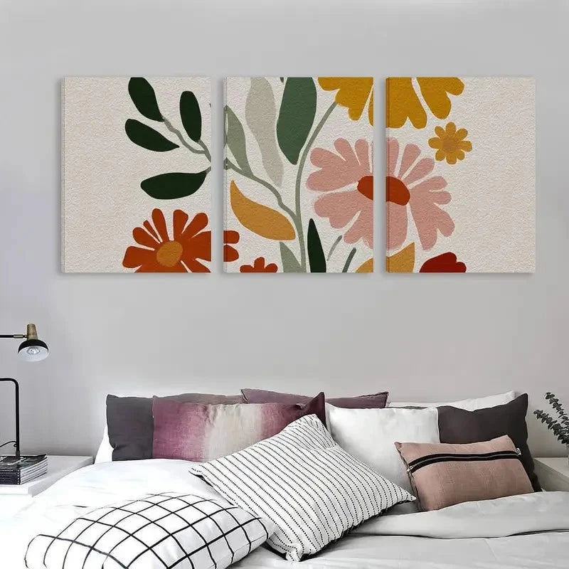 3pcs Pink, Orange, Green, Brown, & Flowers   Wall Art Set  Canvas Framed 50x70cm - High Quality Print 100% Australian Made Wall Canvas Ready to Hang - Bella Home Decor