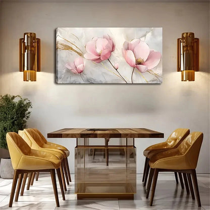 Pink Floral With Golden Accents Wall Art Canvas Office Home Room Framed 120x60cm - Bella Home Decor