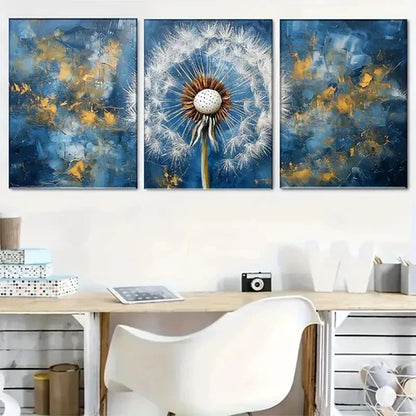 3pcs Abstract Blue And Golden Dandelion Decor Wall Art Set Canvas Unframed - High Quality Print 100% Australian Made Wall Canvas