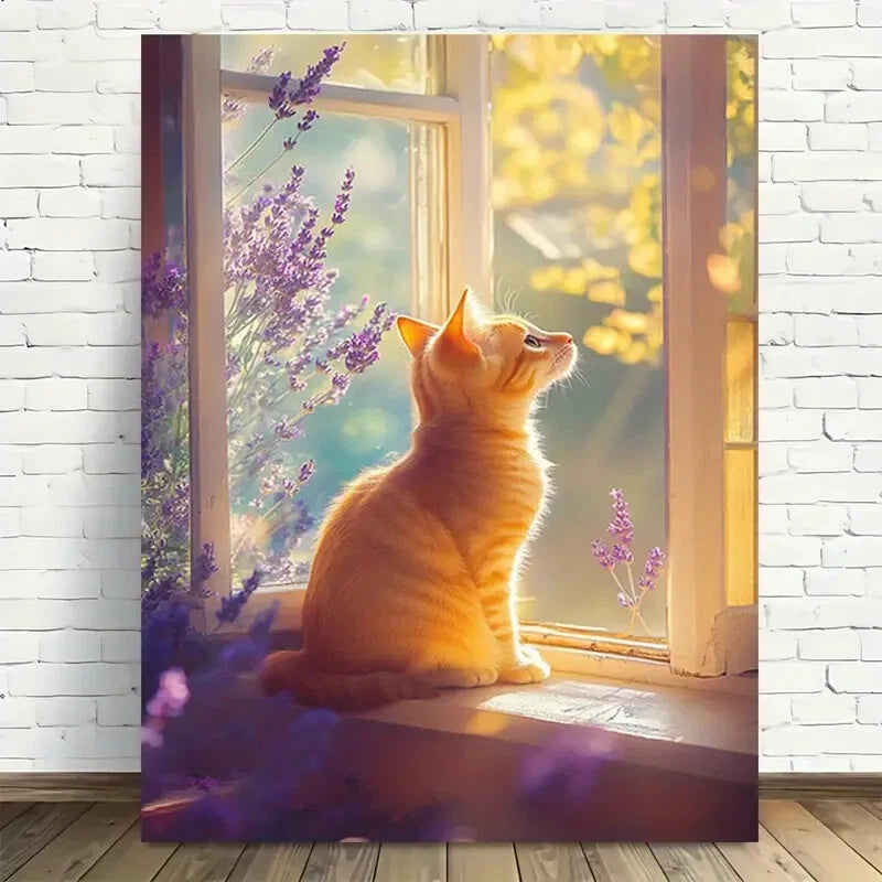 Beautiful Whimsical Kitten with Lavender Painting 40x60cm Metal Print Ready to Hang - Bella Home Decor