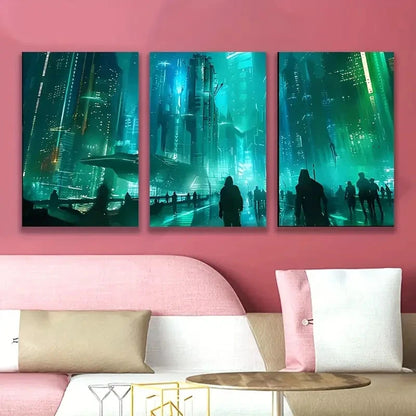 3pcs Neon Lit Cyberpunk Cityscape Wall Art Set Canvas Framed 40x60cm - High Quality Print 100% Australian Made Wall Canvas Ready to Hang