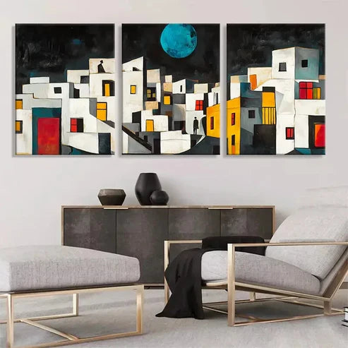 3pcs Abstract Geometric Cityscape Color Art Set Canvas Unframed - High Quality Print 100% Australian Made Wall Canvas - Bella Home Decor