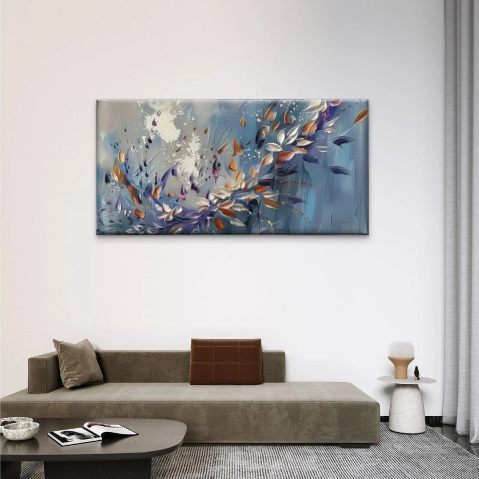 Vibrant Flowers Leaves On Blue Wall Art Canvas Office Home Room Framed 120x60cm