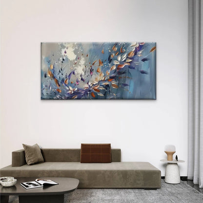 Vibrant Flowers Leaves On Blue Wall Art Canvas Office Home Room Framed 120x60cm