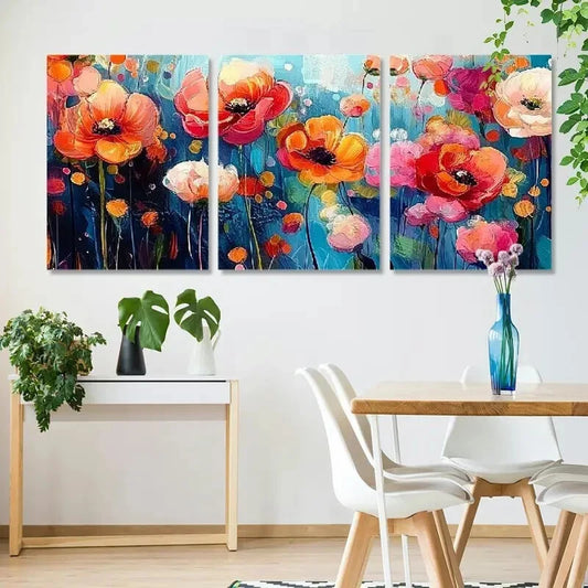 3pcs Vibrant Poppy & Daisy Painting Wall Art Set Canvas Framed 50x70cm - High Quality Print 100% Australian Made Wall Canvas Ready to Hang