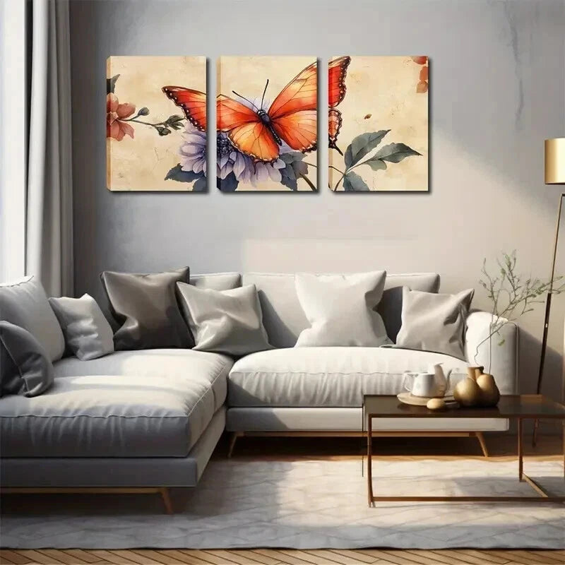 3pcs Orange-Red Butterflies Resting Perfect Wall Art Set Canvas Framed 60x90cm - High Quality Print 100% Australian Made Wall Canvas Ready to Hang - Bella Home Decor