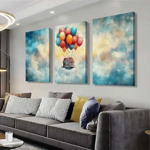 3pcs Floating House with Colorful Balloons Art Set Canvas Unframed - High Quality Print 100% Australian Made Wall Canvas