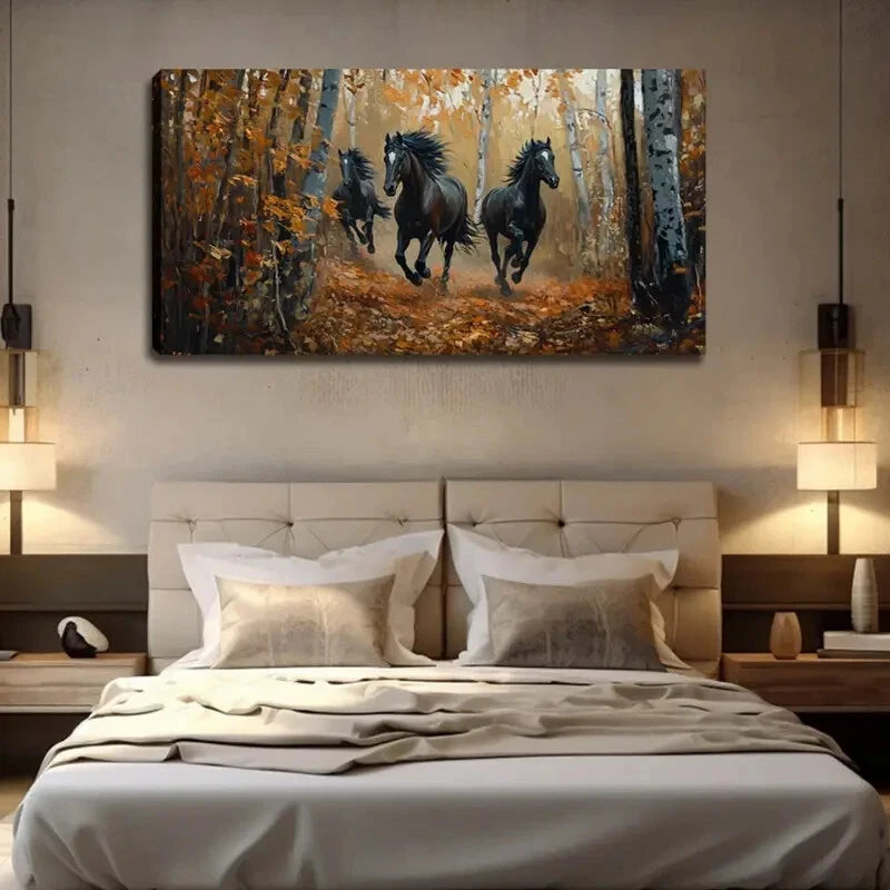 Black Horses Running in Autumn Wall Art Canvas Office Home Room Framed 120x60cm - Bella Home Decor