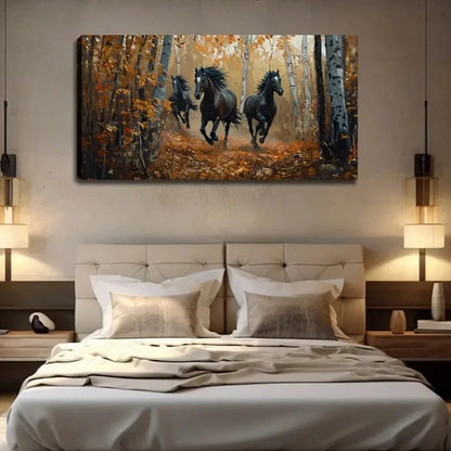 Black Horses Running in Autumn Wall Art Canvas Office Home Room Framed 120x60cm - Bella Home Decor