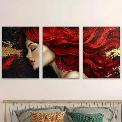 3pcs Dynamic Red Hair Art Glamorous Perfect Wall Art Set Canvas Framed 40x60cm - High Quality Print 100% Australian Made Wall Canvas Ready to Hang - Bella Home Decor