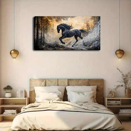 Realistic Black Horse in Forest Wall Art Canvas Office Home Room Framed 120x60cm - Bella Home Decor