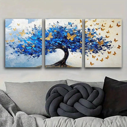 3pcs Abstract Blue Tree with Golden Leaves Metal Print Ready to Hang Art - Bella Home Decor