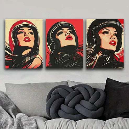3 PCS A Girl In A Bike Helmet Wall Art Set Canvas Unframed - High Quality Print 100% Australian Made Wall Canvas - Bella Home Decor
