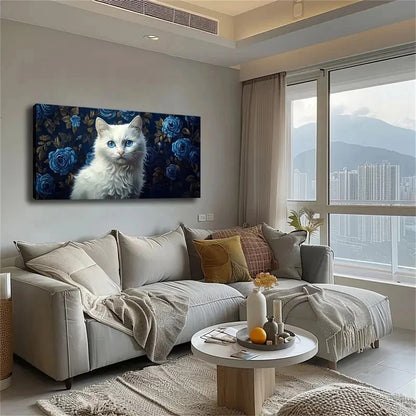 Elegant Blue-Eyed White Cat Wall Art Canvas Office Home Room Framed 120x60cm