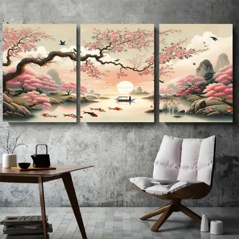 3pcs Cherry Blossom River Zen Koi Fish Wall Art Set Canvas Framed 60x90cm - High Quality Print 100% Australian Made Wall Canvas Ready to Hang - Bella Home Decor