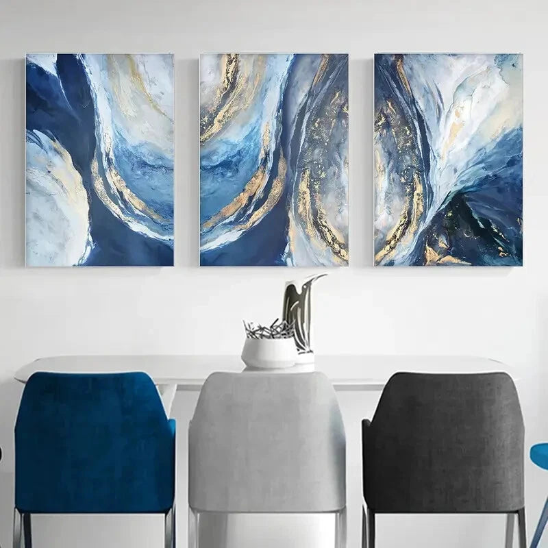 3pcs Blue Golden And White Paintings Metal Print Ready to Hang Art - Bella Home Decor