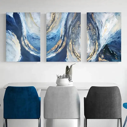 3pcs Blue Golden And White Paintings Metal Print Ready to Hang Art - Bella Home Decor