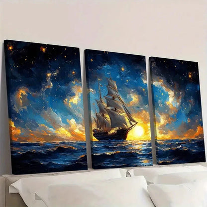 3pcs Surreal Ship & Cosmic Voyage Scene Wall Art Set Canvas Framed 40x60cm - High Quality Print 100% Australian Made Wall Canvas Ready to Hang