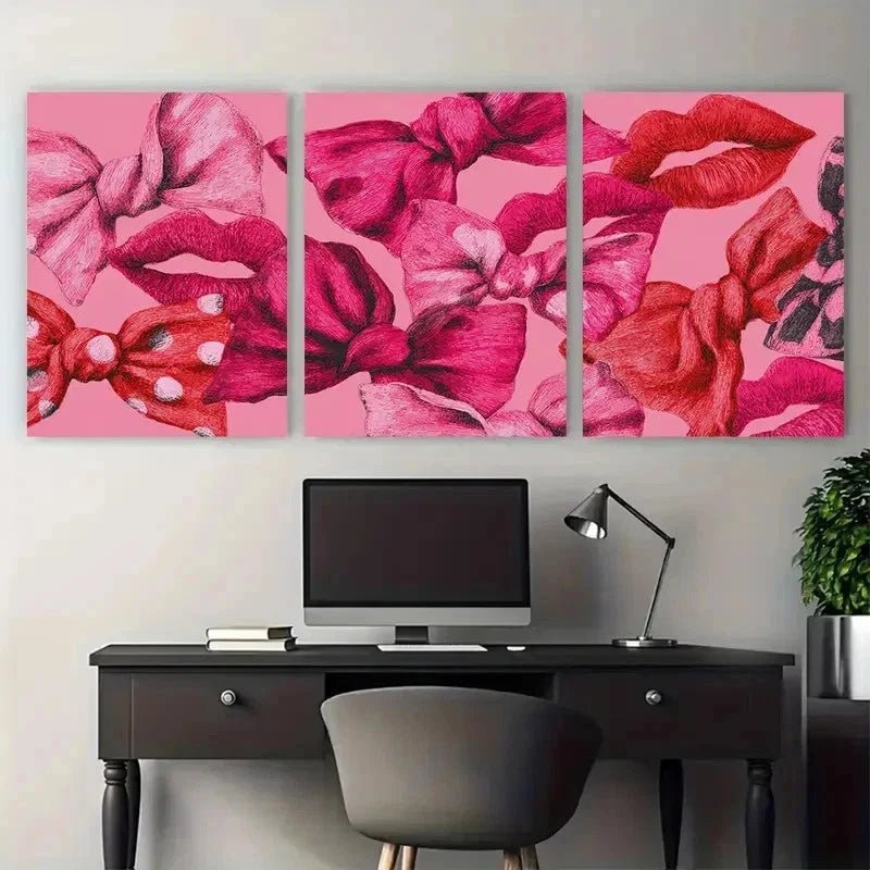 3pcs Girly Coquette Bows Retro Kiss Lips Perfect Wall Art Set Canvas Framed 50x70cm - High Quality Print 100% Australian Made Wall Canvas Ready to Hang - Bella Home Decor