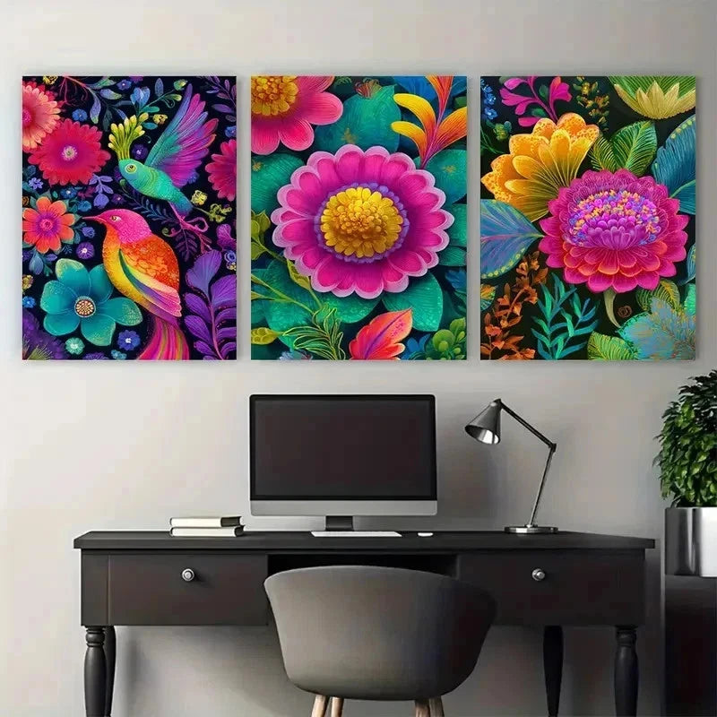 3pcs Asian Floral Nature Vibrant Perfect Wall Art Set Canvas Framed 40x60cm - High Quality Print 100% Australian Made Wall Canvas Ready to Hang - Bella Home Decor