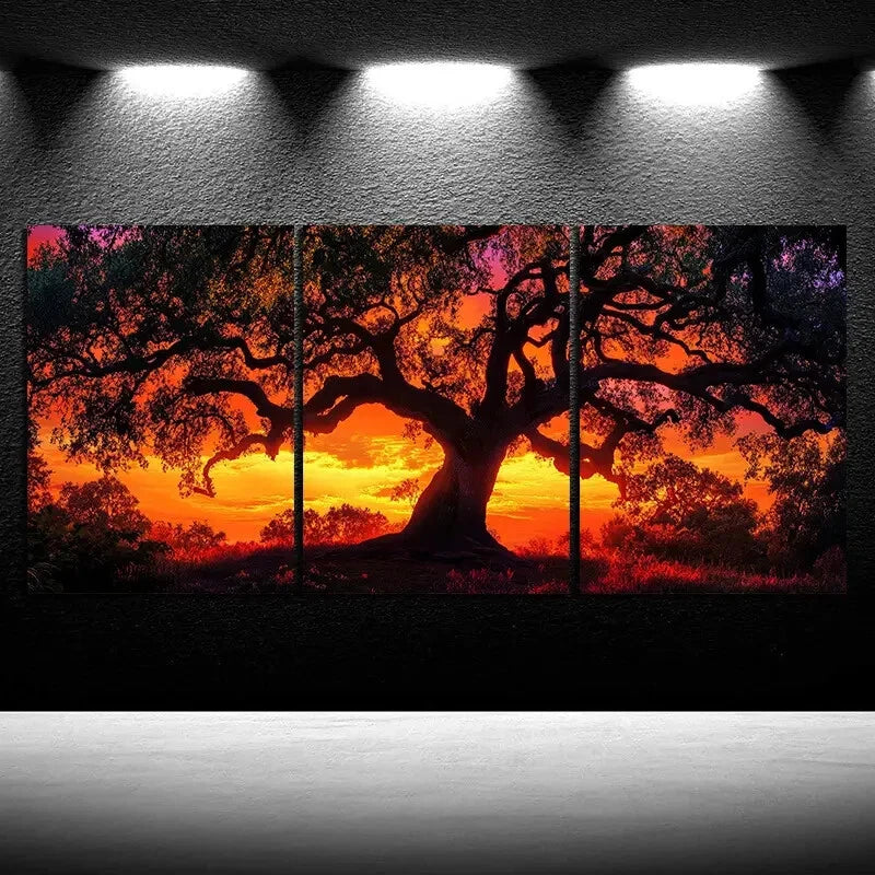 3pcs Sunset Tree Mural Orange Themed Metal Print Ready to Hang Art - Bella Home Decor