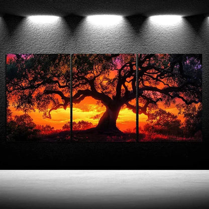 3pcs Sunset Tree Mural Orange Themed Metal Print Ready to Hang Art - Bella Home Decor