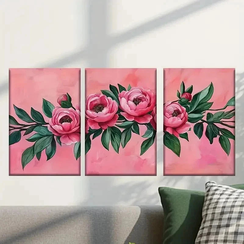 3pcs Pink Peonies with Green Leaves Wall Art Set Canvas Framed 50x70cm - High Quality Print 100% Australian Made Wall Canvas Ready to Hang
