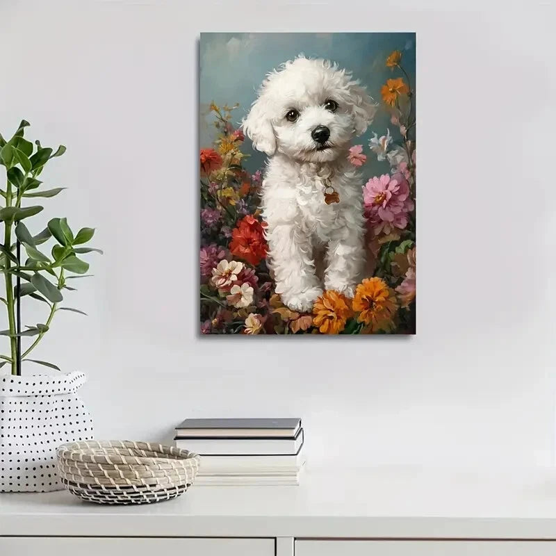 Cute Bichon Frise Puppy with Vibrant Flowers Painting 40x60cm Metal Print Ready to Hang - Bella Home Decor