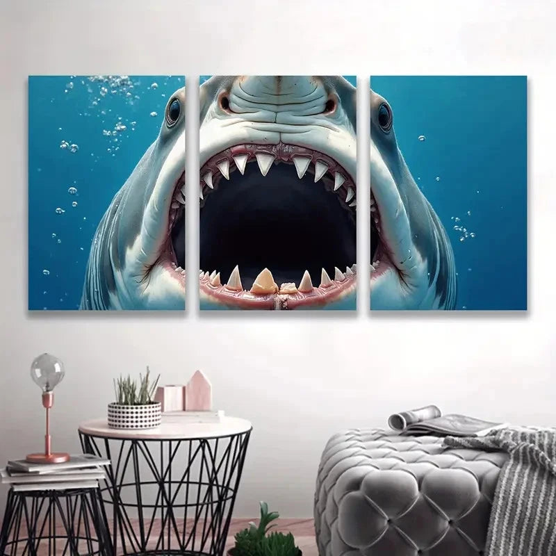3pcs Big Shark Mouth Blue Ocean  Wall Art Set Canvas Framed 40x60cm - High Quality Print 100% Australian Made Wall Canvas Ready to Hang - Bella Home Decor
