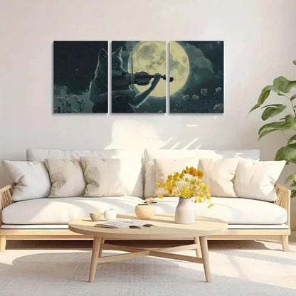 3pcs Wolf Playing Violin Under Full Moon  Art Set Canvas Unframed - High Quality Print 100% Australian Made Wall Canvas